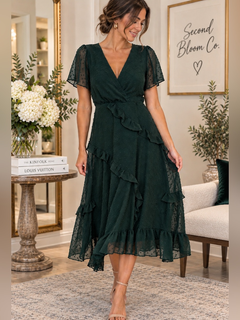 Lulus NWT Forest Green Swiss Dot Ruffle Midi Dress Size S 💛B1G2 FREE💛